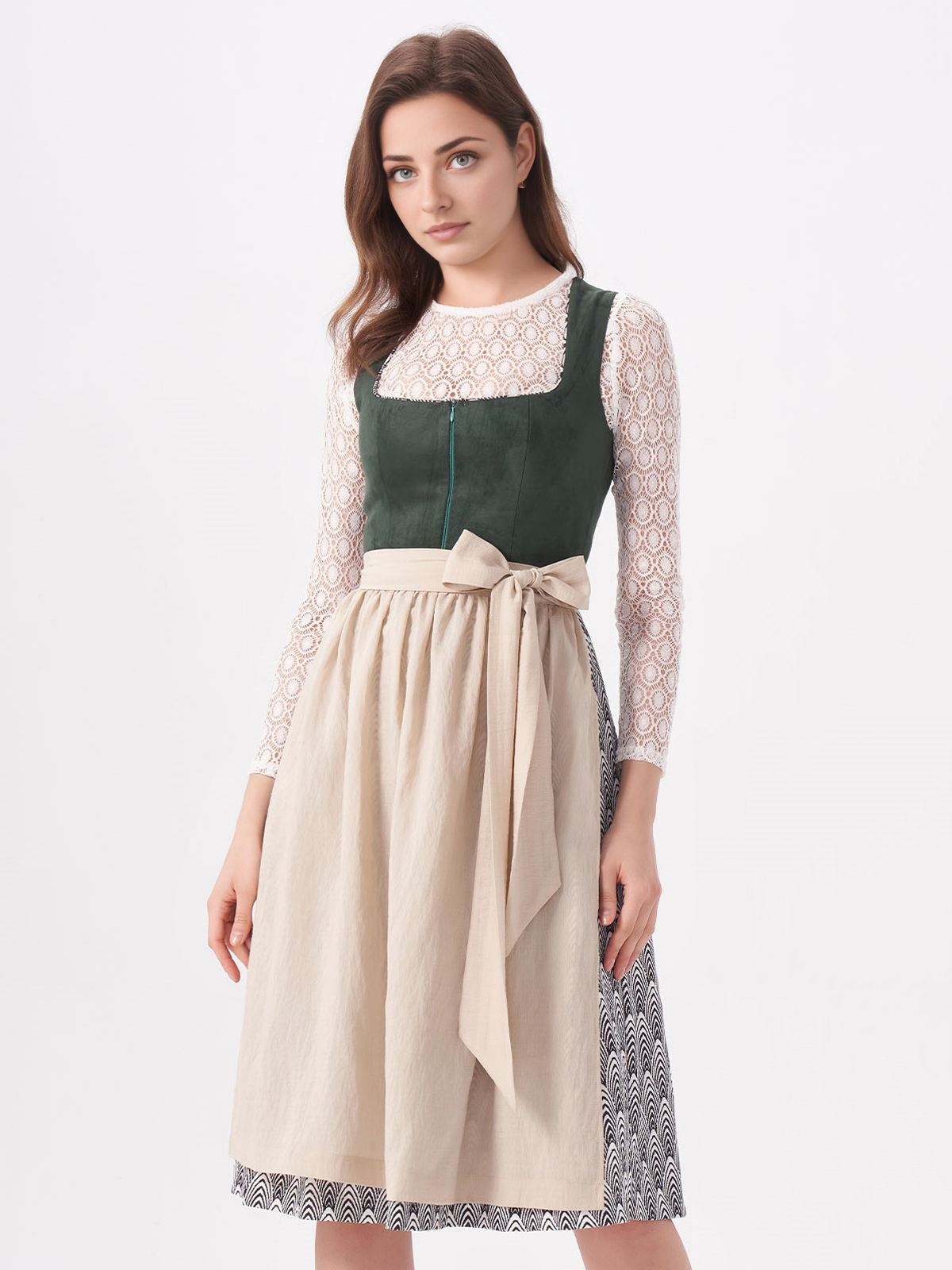Ein dunkelrotes Dirndl mit grüner Schürze – ein kontrastreicher Look